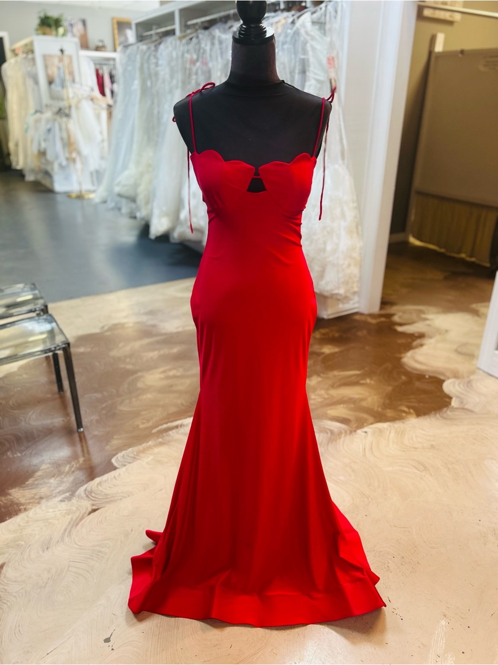 Ava Presley Red Scallop-Neck Prom Gown with Spaghetti Ties